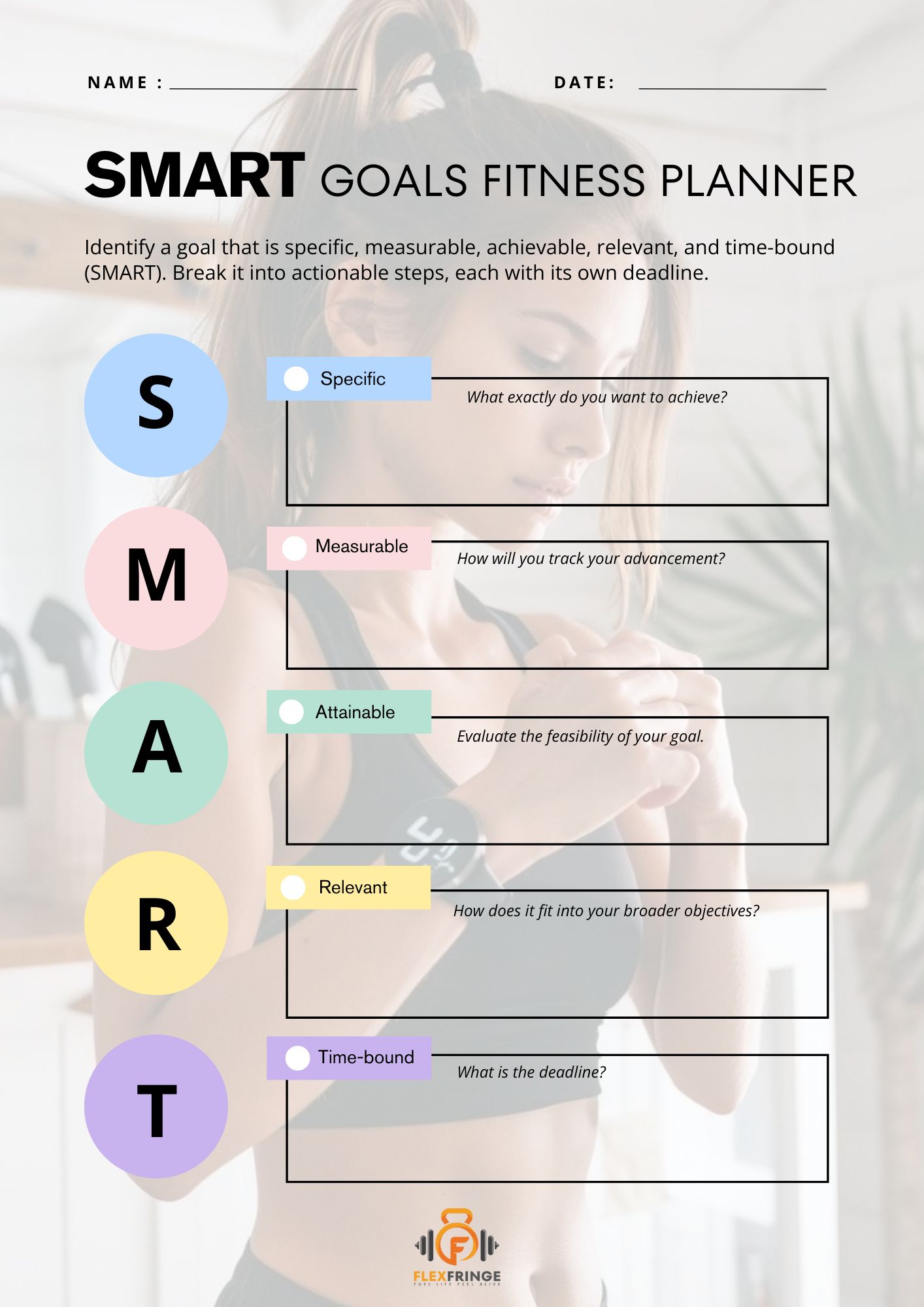 A SMART goals fitness planner template with sections for Specific, Measurable, Attainable, Relevant, and Time-bound goals, each represented by a colored circle and including a prompt question and input area.